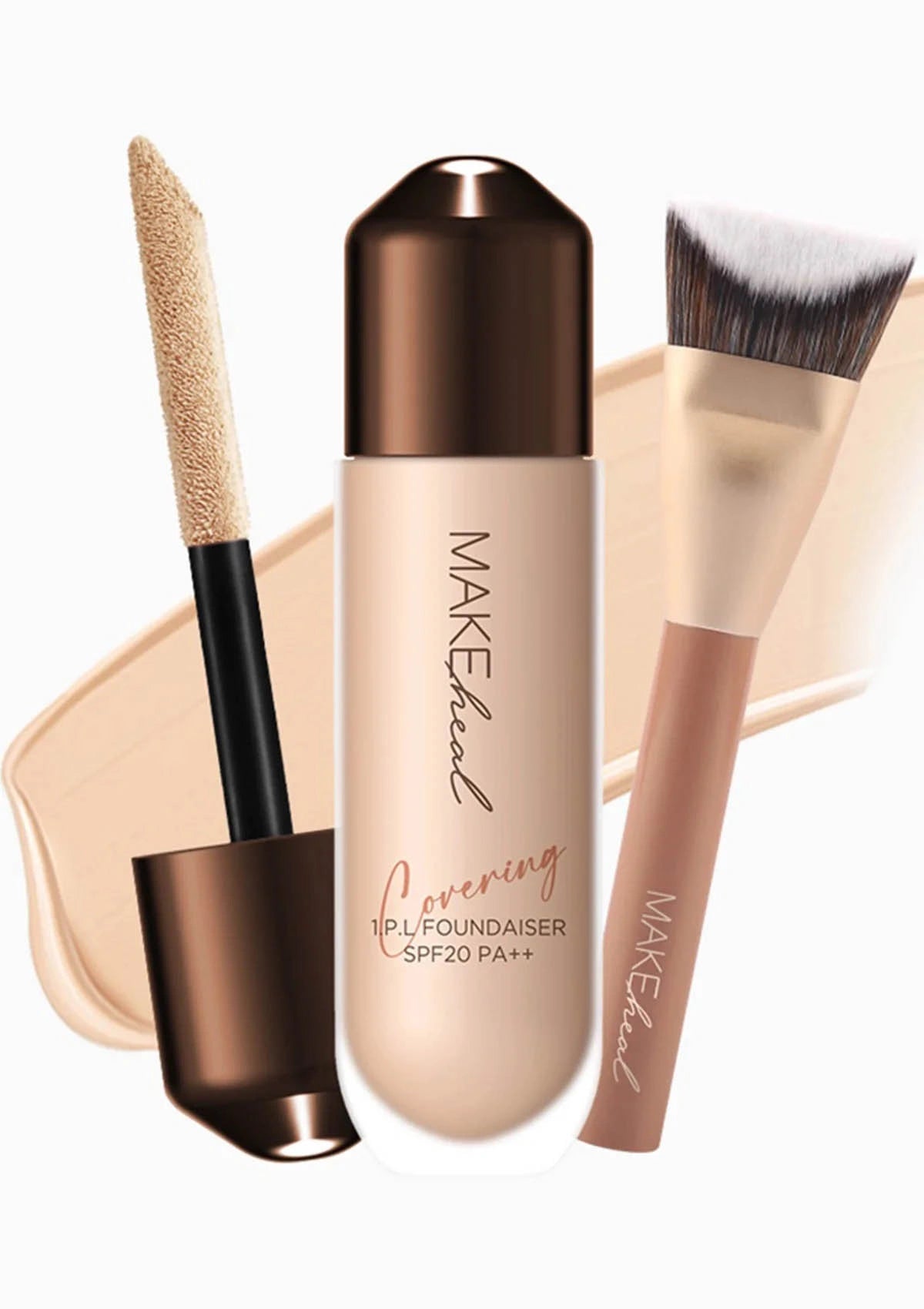 Makeup products including a foundation bottle, applicators, and brushes on a white background